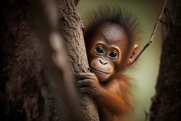 Orang-oetan in Borneo Indonesië Een baby-orang-oetan hangt in een boom