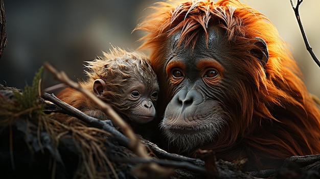 Orang-oetan moeder zorgt voor haar baby foto