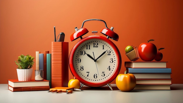 Orange alarm clock with red apple and school equipment