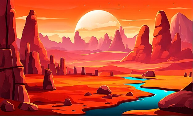 Orange alien landscape with a river in cartoon style