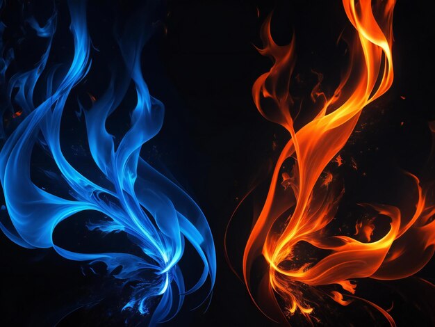 Фото Оранжевое и синее пламя на черном фоне сгенерировано ai