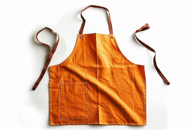 an orange apron with a brown handle and a brown handle