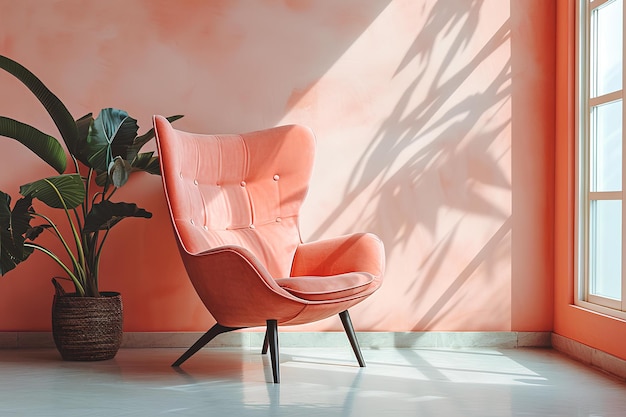 An orange arm chair against a pink wall