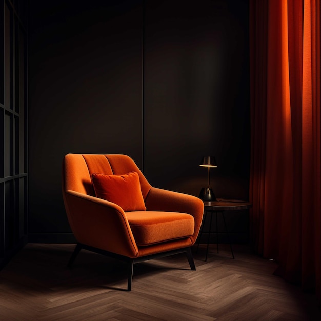 Orange armchair in dark interior with red curtains 3d render