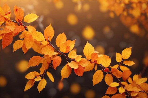 Orange autumn branch with yellow leafs