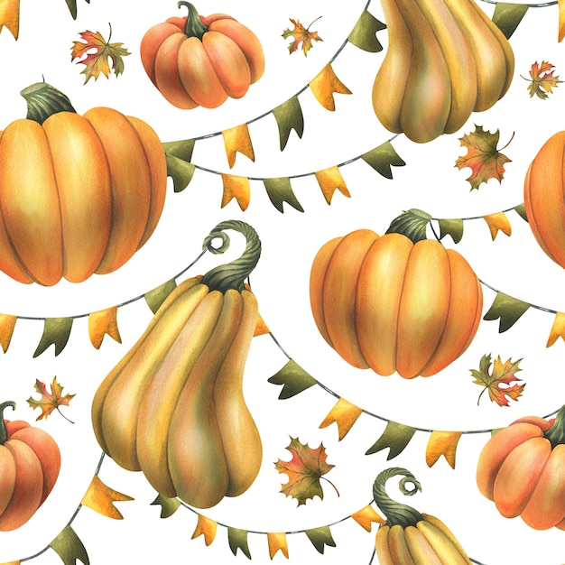 Orange autumn pumpkins with maple leaves and garland flags watercolor illustration hand drawn