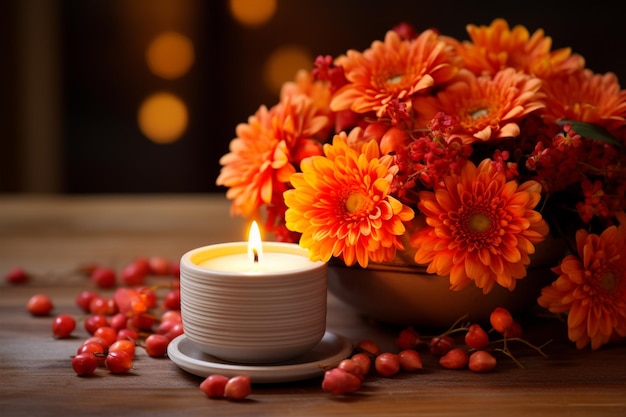 Orange autumnal flowers in vase and lit candle on wooden rustic background