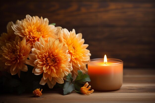 Orange autumnal flowers in vase and lit candle on wooden rustic background