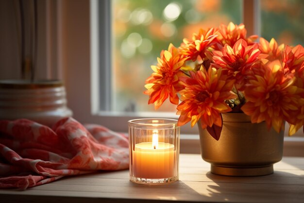 Orange autumnal flowers in vase and lit candle on wooden rustic background