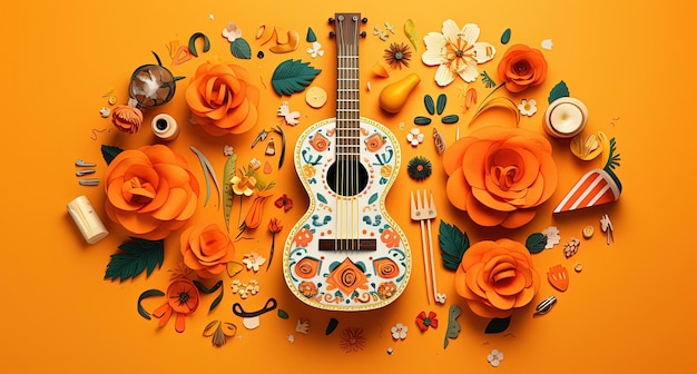 Orange background a colorful musical instrument skull motifs