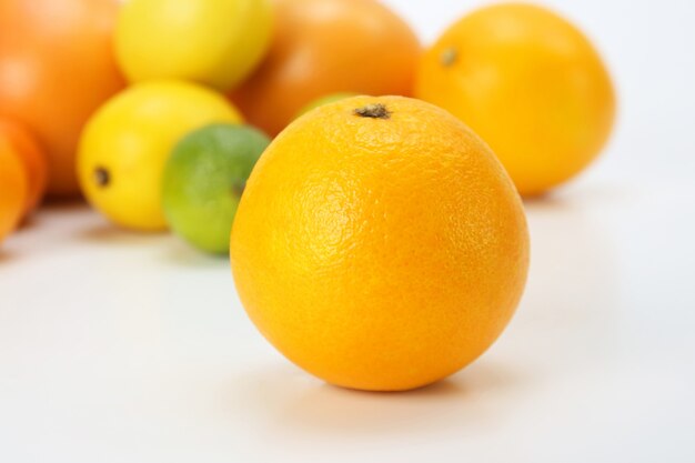 Orange on the background of different citrus fruits on white background