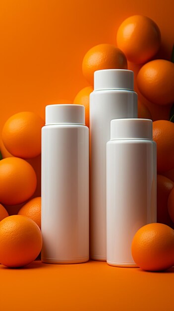 Orange background frames blank white cosmetic bottles inviting text for promotional messaging vert