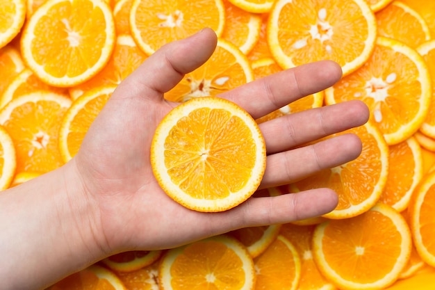 orange background. orange slice in hand