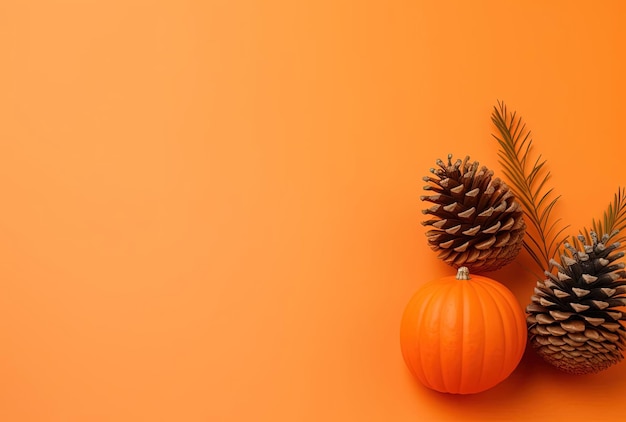 an orange background with an arrangement with a pumpkin and pine cone