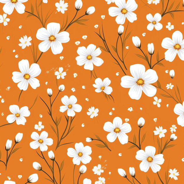 Orange background with cute small white flowers background design seamless pattern for nursery