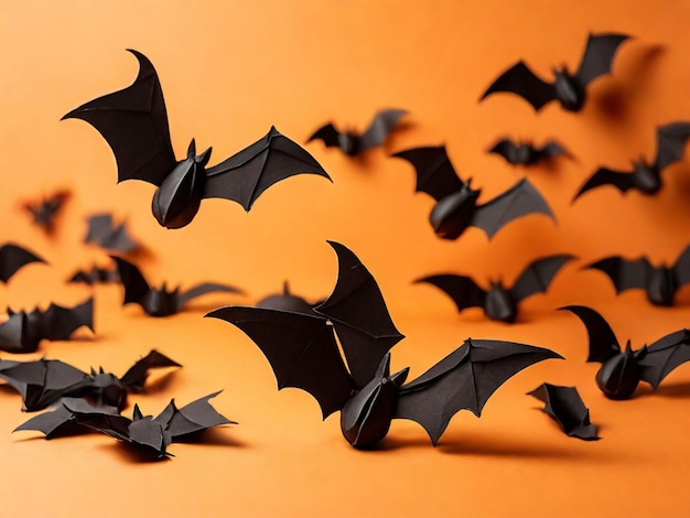 orange background with a flock of black paper bats for Halloween Halloween concept