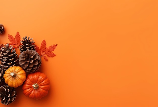 an orange background with pumpkins and pine cones