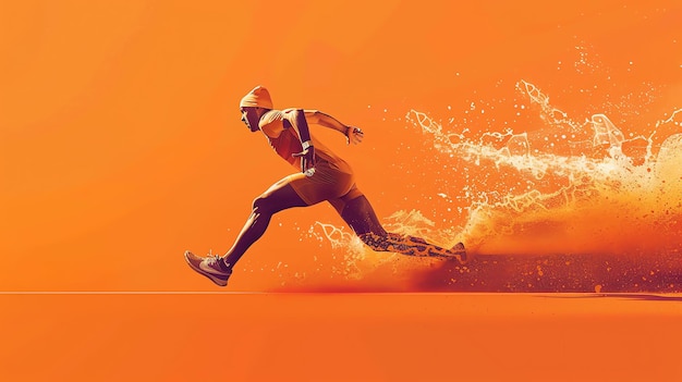 Photo orange background with a silhouette of a runner the runner is wearing a hat and shorts and has his arms outstretched
