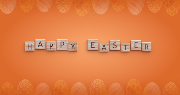 A orange background with the words happy easter in wooden blocks.