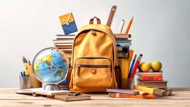 Orange backpack with school supplies on table Back to school concept