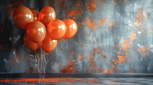 Orange balloons and confetti on a background on a concrete gray wall