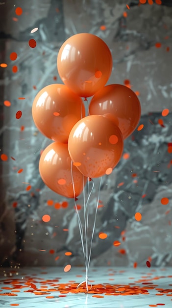 Orange balloons and confetti on a background on a concrete gray wall