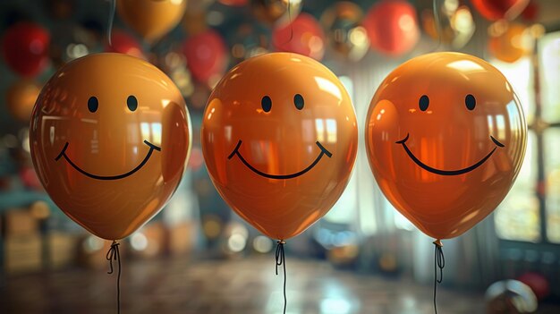 orange balloons with smiley faces hanging on a rope