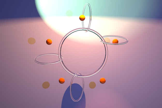 주황색 공과 투명한 유리 고리. 공은 링을 통해 회전합니다. 디자인은 추상적입니다. 3D 그림입니다.