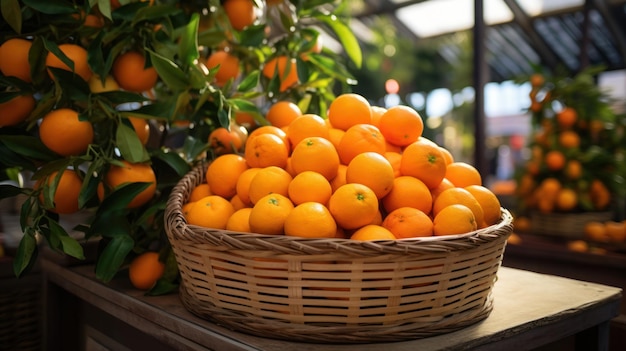 Апельсин в корзине на рынке фруктов