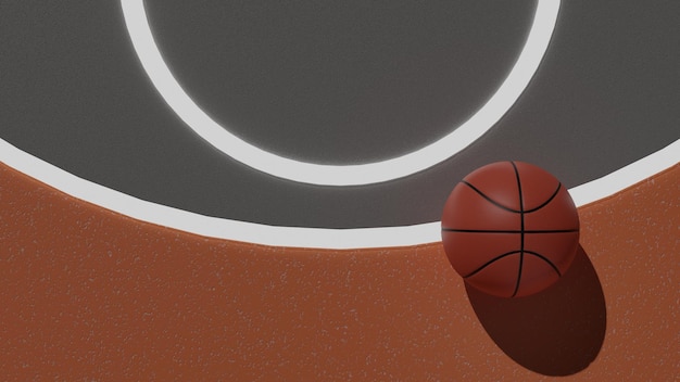 An orange basketball on a basketball court in top view 3d\
rendering