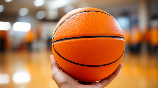 Photo orange basketball on hands blur background