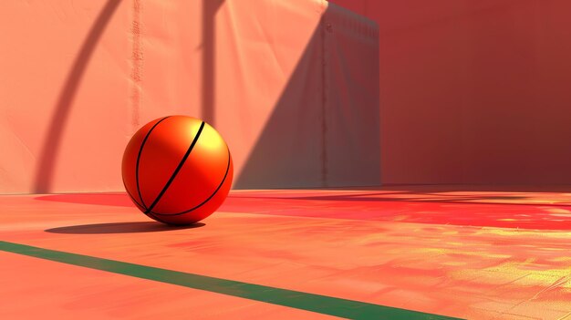 Photo orange basketball laying on a reflective surface with a pink background the basketball has a black line and a black circle in the middle