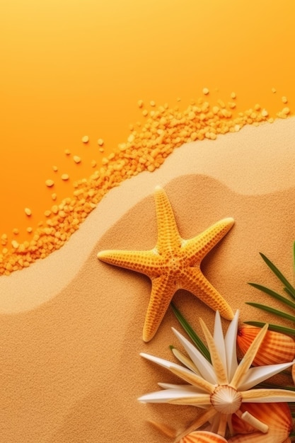 Orange beach background with a starfish and palm leaves