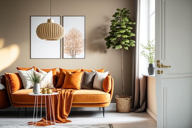 Orange and beige colors dominate the living area of a contemporary Scandinavian apartment