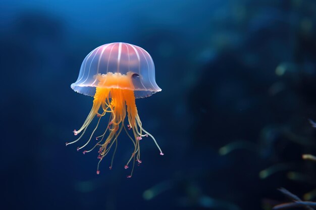 Orange bell jellyfish in dark ocean AI Generated content