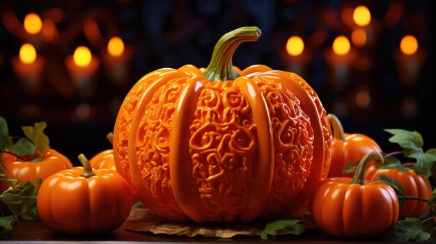 Orange bell peppers filled with halloween pumpkin jack o' lantern generative ai