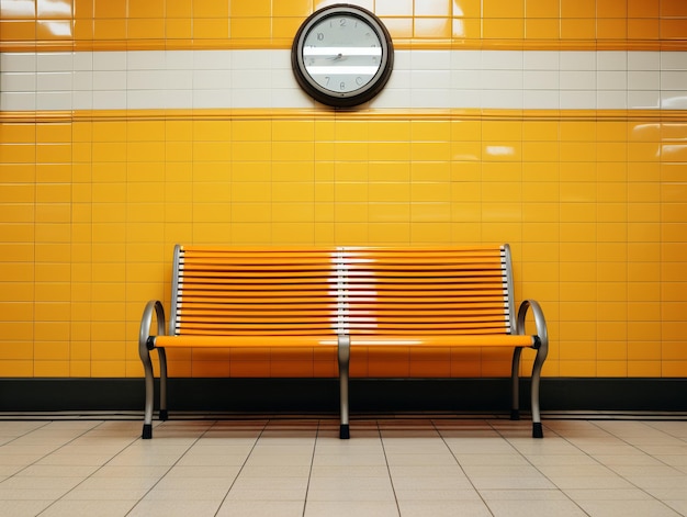 An orange bench sitting in front of a white wall