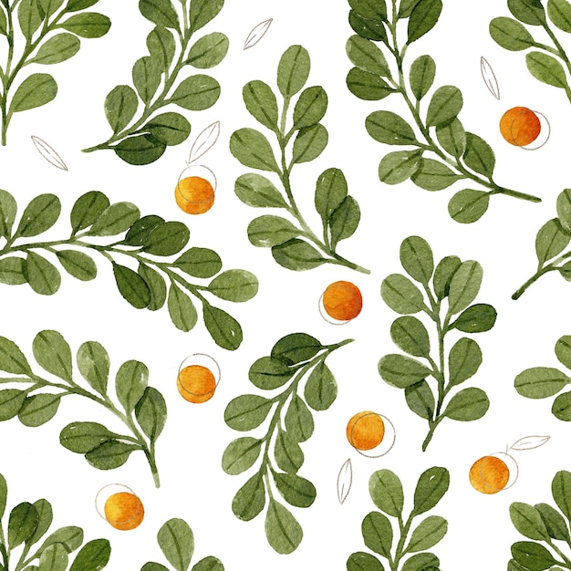 Orange berries and cute green leaves and branches seamless pattern botanical illustration