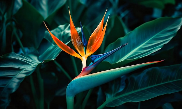 An orange bird of paradise plant on green leaves