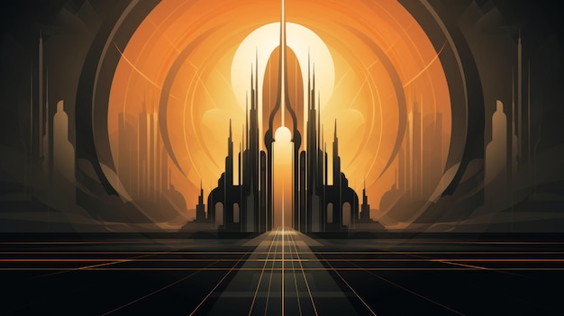 An orange and black background with a futuristic city in the background