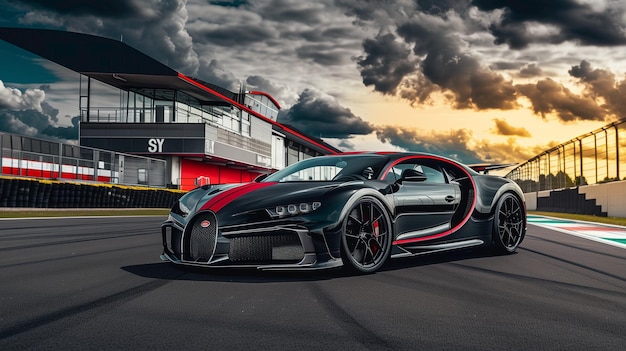 An orange and black Bugatti Chiron with race stripes and black wheels