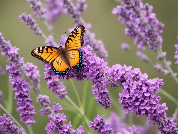 An orange and black butterfly perched on purple flowers