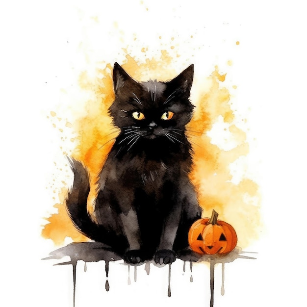 黒い猫のハロウィーン オレンジの白い背景