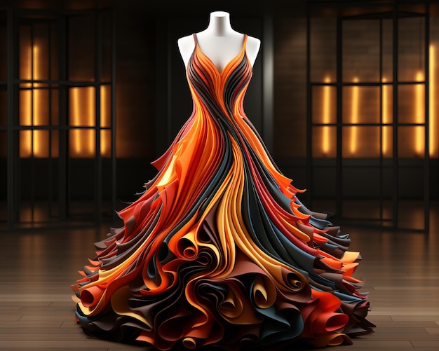 an orange and black dress is on display in a room