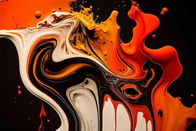 An orange and black painting with splashes of red paint in the style of fluid photography