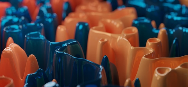 크림색 추상 형태가 있는 주황색 파란색 배경 벽지 컬렉션 마케팅 및 소셜 미디어 이미지에 이상적인 질감이 있는 3D 렌더링 이미지 텍스트 및 이미지를 위한 초점 레이어 캔버스 복사 공간