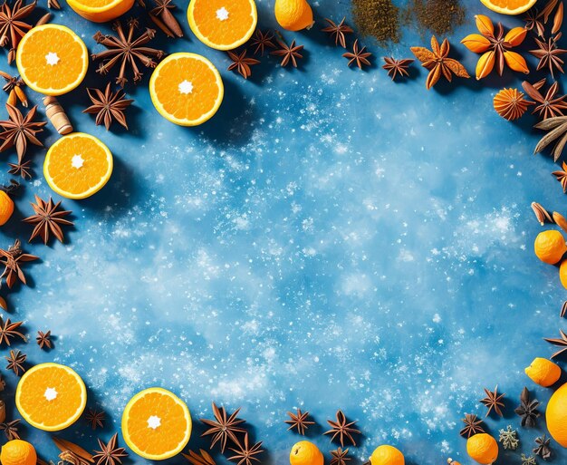 Orange blue background with snowflakes and balls