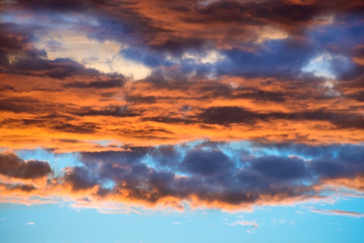 Orange and blue dramatic sky with clouds at sunset