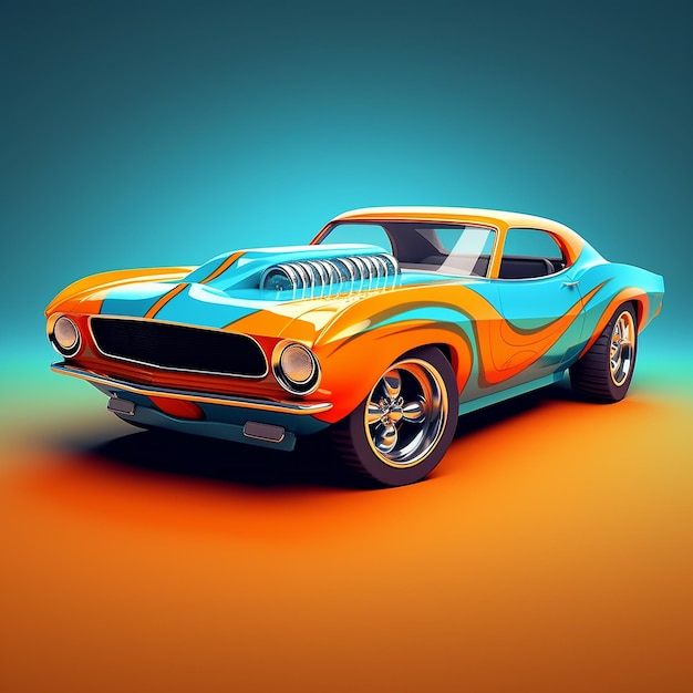 An orange and blue muscle car with the word ford on the front