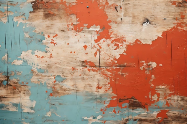 an orange and blue painted wall with peeling paint